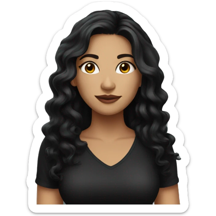 Pretty Latina woman with long black wavy hair and black shirt sticker