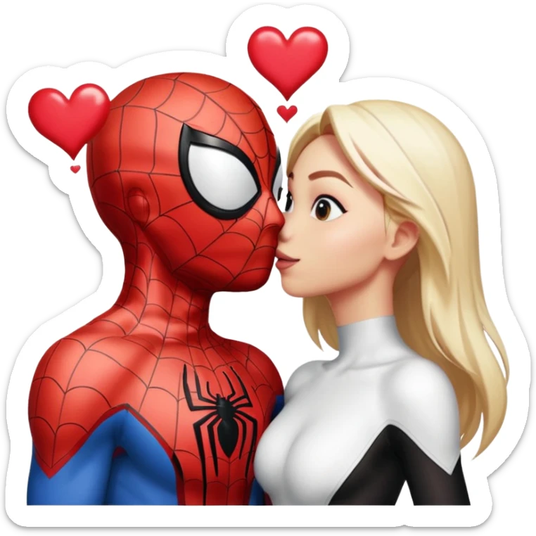 Spiderman and Spider-Gwen kissing, with hearts around them, emoji style sticker