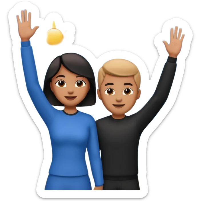 A 3D cartoon couple on top of a hill raising hands in victory, sunny sky and nature background, Memoji-style. inside photo frame. sticker