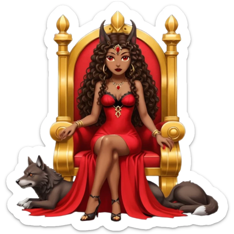 Lilith symbol seductress evil brown curly long hair haired, sexy succubus woman with red and black Chanel dress sitting on a Black and gold throne. A large black wolf laying beside he sticker