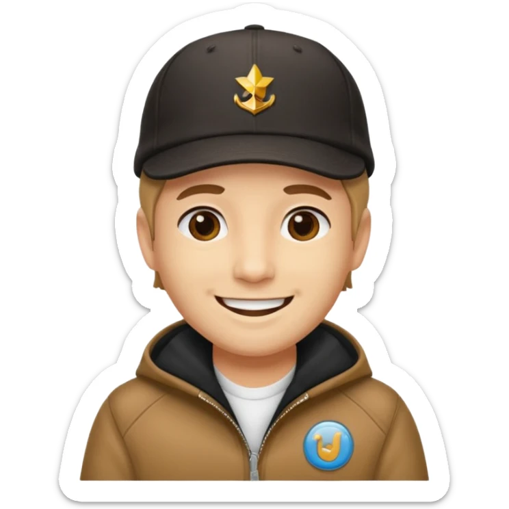 Créame a un chico blanco con gorra negra con el pelo castaño y qué tenga una chaqueta blanca más animado sticker