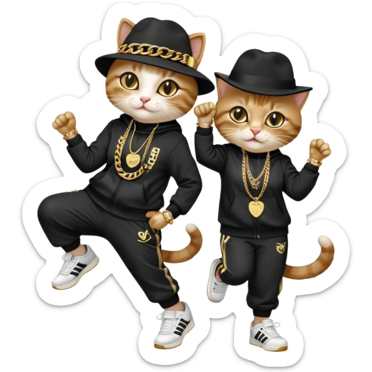 female cat dressed like Run DMC in tracksuit, fedora, Adidas shoes, lots of gold chains, rings, bracelets, earrings, dancing with a friend, no sunglasses sticker