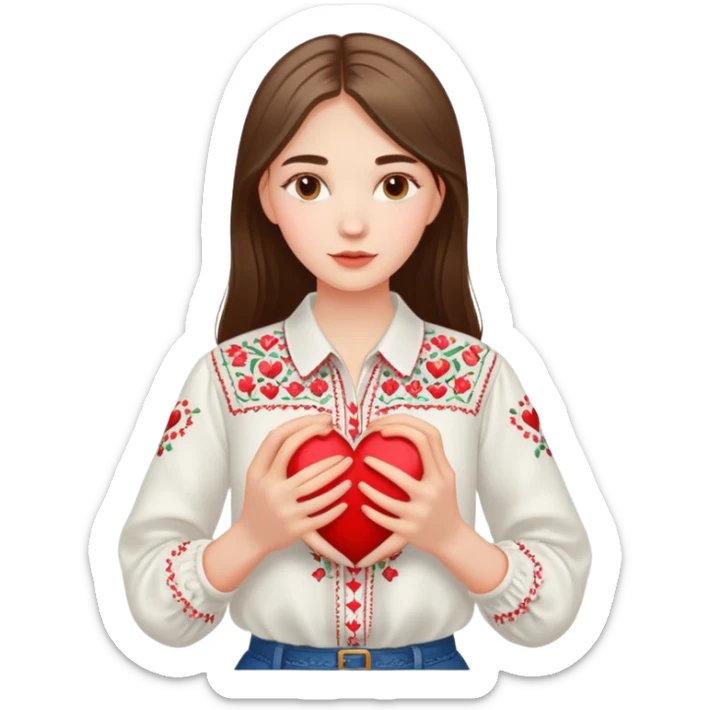 Beautiful young girl in a white Ukrainian embroidered shirt holds a large embroidered heart in her hands sticker