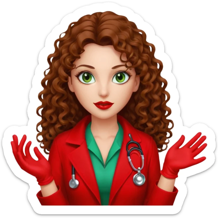 Spanish sexy evil woman. She has green eyes.  had brown long curly hair.  evil surgeon kills with needle wears red sexy doctor coat with red long mouth cover red gloves.  sticker