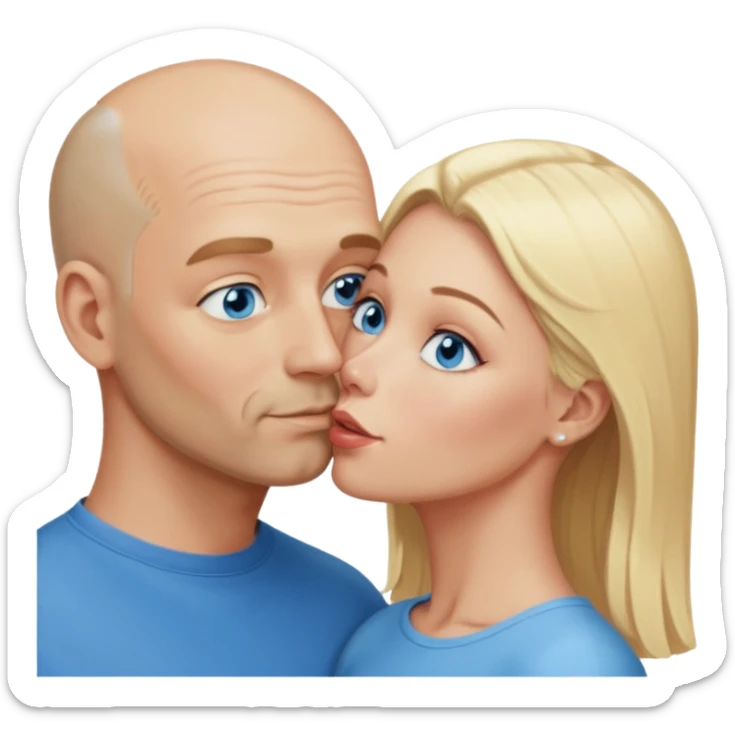 middle age bald man with salt and blonde scruff, blue eyes a.  Kissing blonde woman with blue eyes sticker