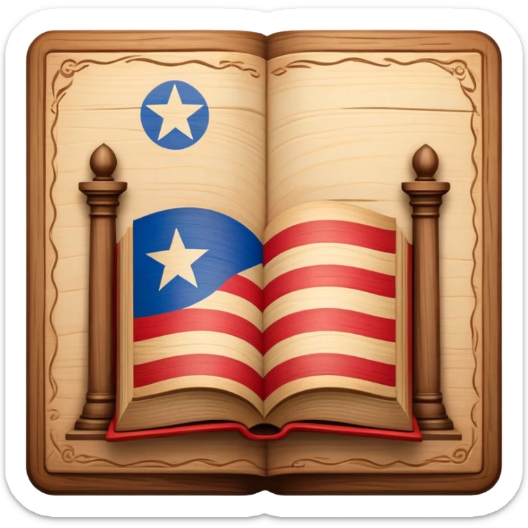 Timeless book with Puerto Rican flag design, theater stage symbol carved in wood, parchment and wooden textures, warm tones with a subtle glow, representing the history of scenic design sticker