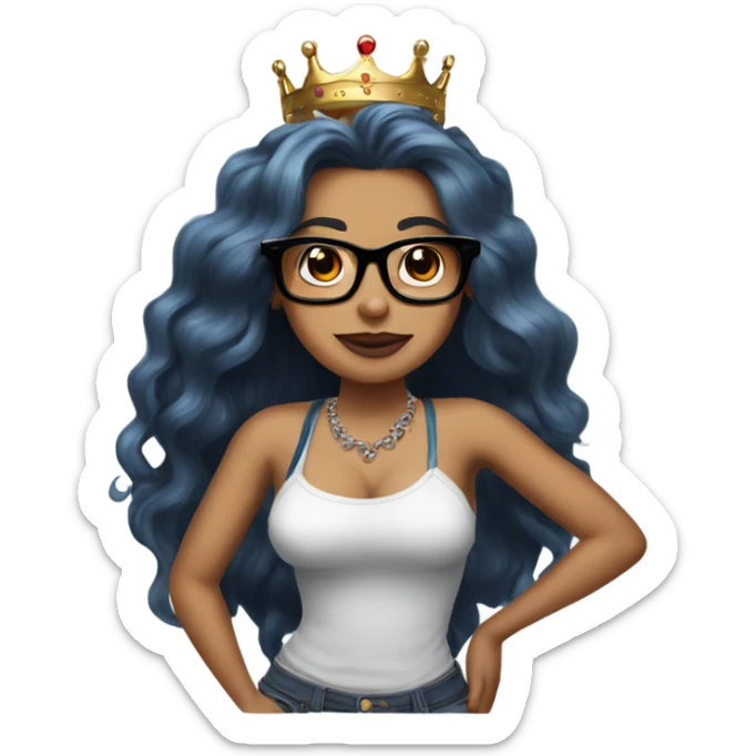 Pinupx long length hair. Wears a crown and tattoos and glasses sticker