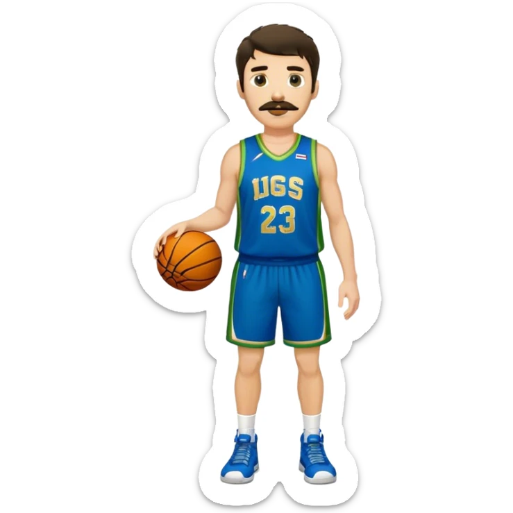 Full Body  white male basketball player with short shaggy dark hair and gold tee mustache wearing blue and green uniform sticker