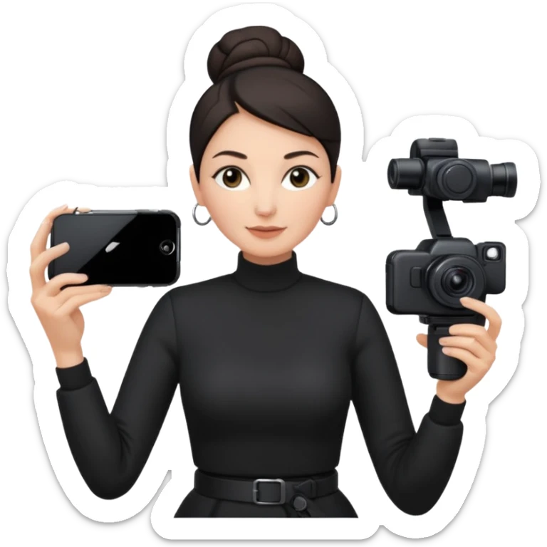 middle aged woman photographer with dark hair, slicked back in a bun, wearing black clothes, carrying a canon r5 and an iPhone on a gimbal sticker