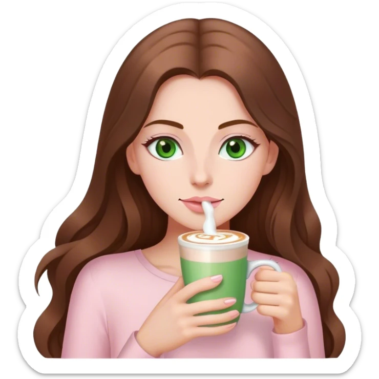 pretty woman with very long brown hair and green eyes and light pink outfit drinking a latte sticker