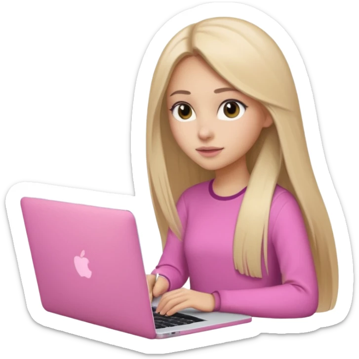 Chica lacia peli larga en una MacBook rosa investigando y haciendo tareas con un libro de apuntes y con cara muy linda como modelo sticker