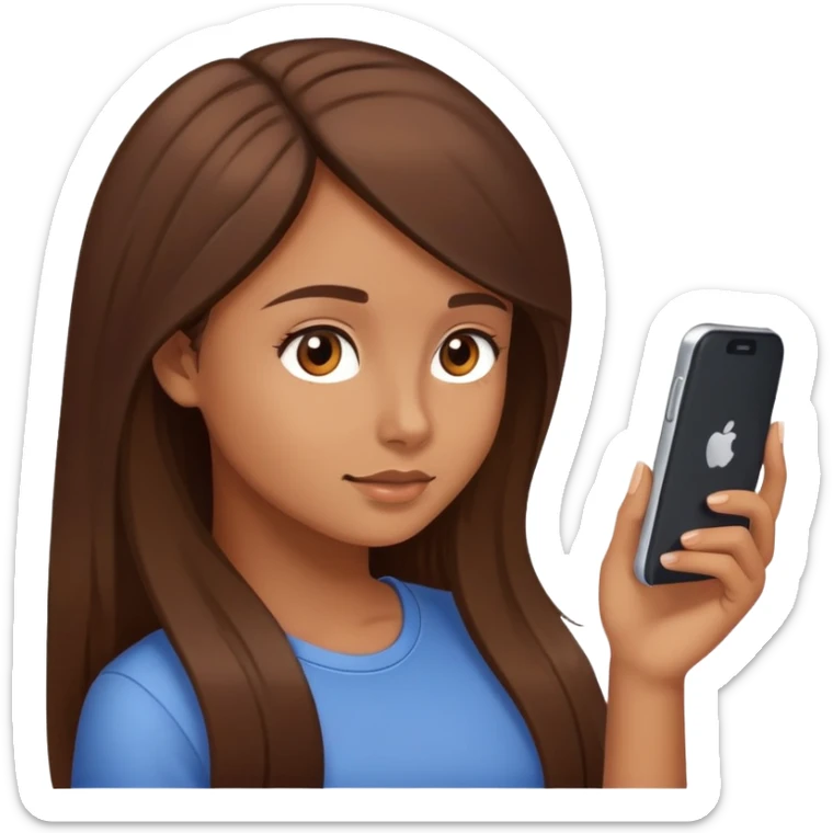 A girl with tan skin brown eyes,brown long hair and using her phone sticker