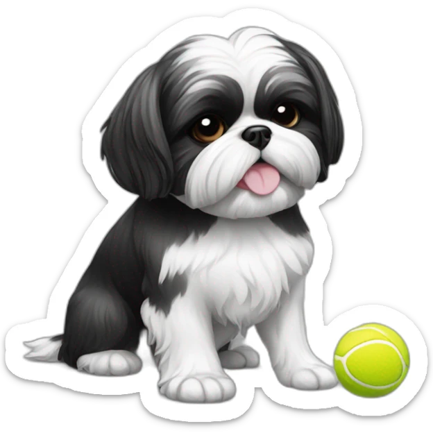 shih tzu dog black and white holding a tennis ball in mouth sticker