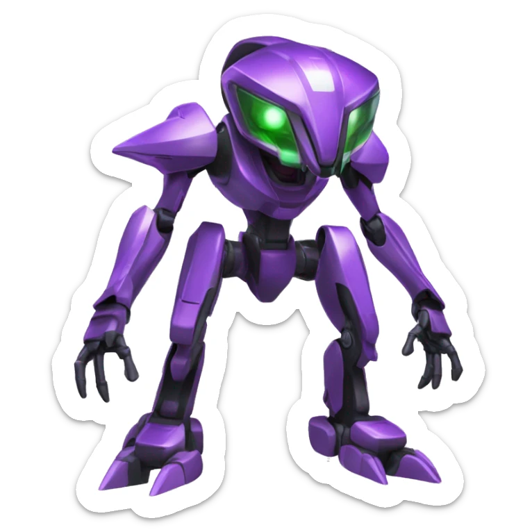 a shiny black-green-purple Genesect-Raptor-Fakémon-Medabot-hybrid with a futuristic visor-helmet full body sticker