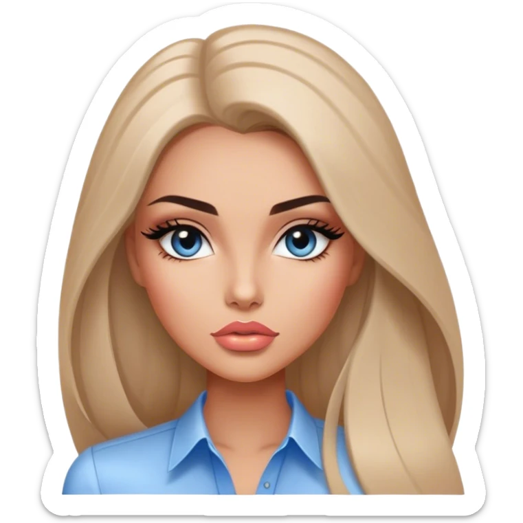 Glamours, tanned, very beautiful girl, with big pump peach-beige-rose lips, long long lashes, black straight smooth silky long hair, straight parting hair, blue-grey eyes, in white shirt sticker