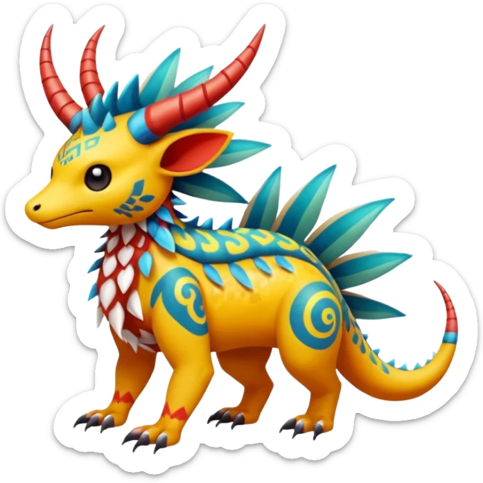 Colorful Exotic Pokémon-Fakémon-hybrid-creature (full body) with tribal intricate splash-markings and patterns and furs and scales and spikes and fins and horns  sticker