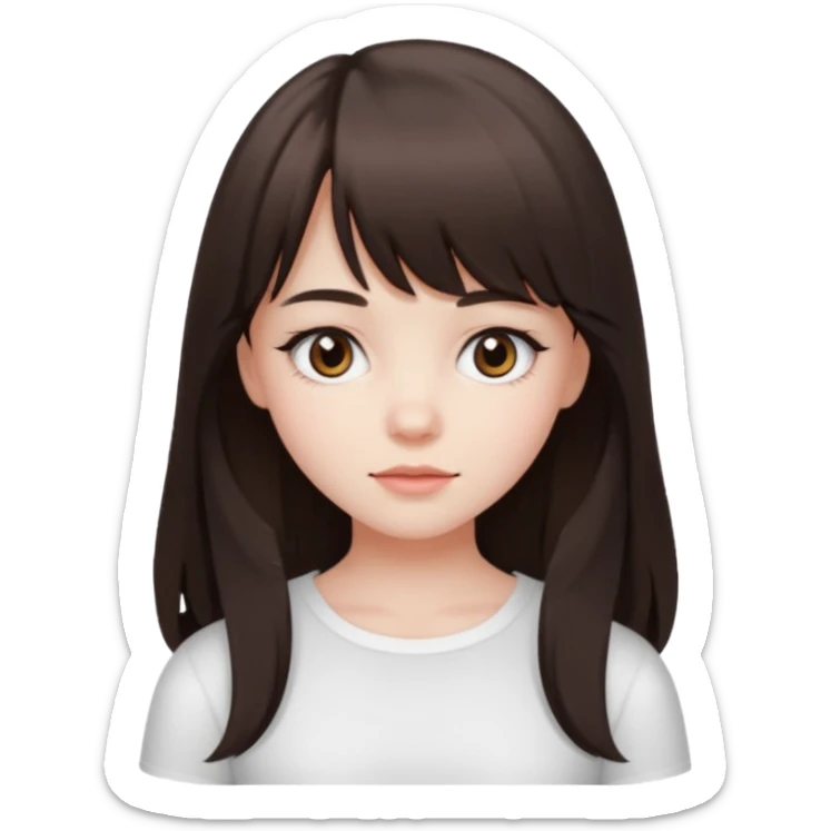 brunette girl with dark brown eyes, pale rosy skin, long hair and wispy bangs and a white top  sticker