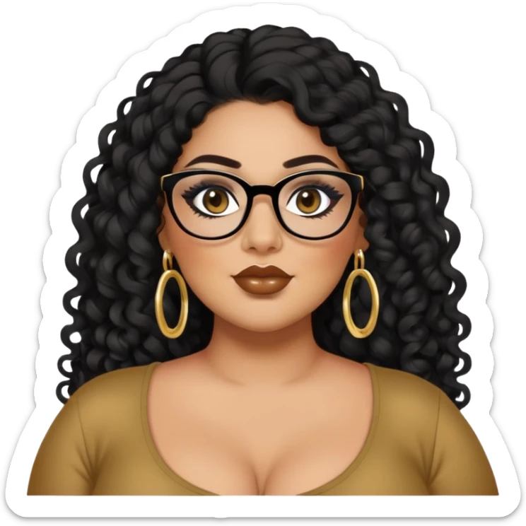 big plus size, latina, darker tan skin, long black curly hair, baddie,pretty, makeup, lipliner, black eyeliner, long hair, gold earrings, black top, glasses sticker