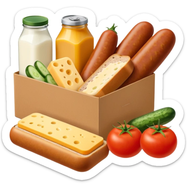 a box of groceries, sausage, cheese, canned meat, herbs, milk, tomatoes, cucumbers, and a loaf of bread sticker
