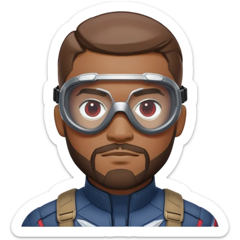 sam wilson with a very short hair close to the scalp and  a well-groomed beard that connects to his mustache,  wear sleek, red-tinted tactical goggles fit snugly from captain america: civil war sticker