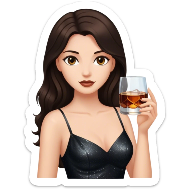 Beautiful woman in 1950’s woman fashion look, black shimmery dress, long dark brown hair, whisky with ice sticker
