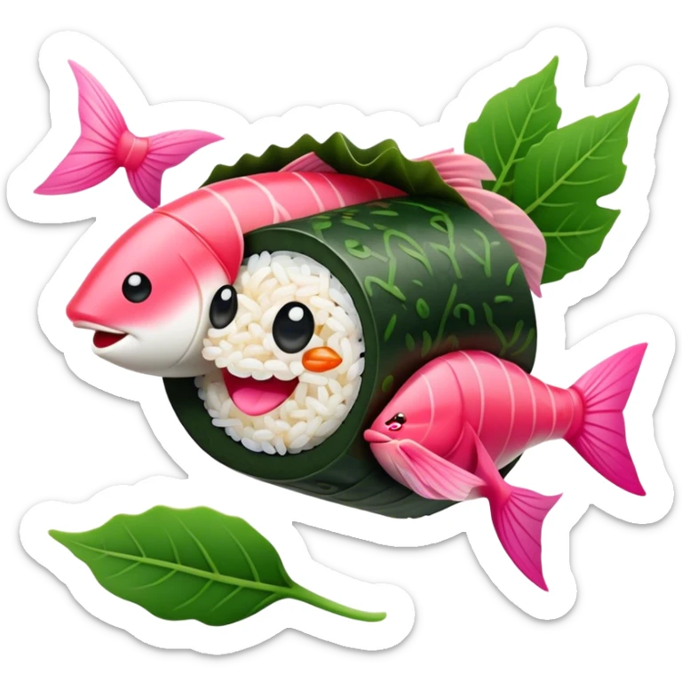 Cute Kawaii Maki Sushi Roll, small and round, wrapped in soft dark green seaweed, tiny grains of rice peeking out, a bright pink fish filling, a cheerful smiling face! sticker