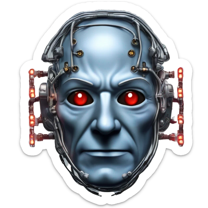 Jean luc picard from Star Trek assimilated by the Borg, with mechanical metal covering the left side of his face, with wires and a red light on the left side. Both his eyes are blue. sticker