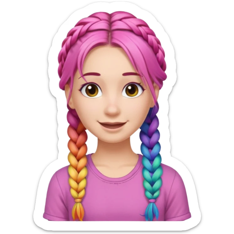 Woman with braided rainbow hair, happy — long braids, pink shirt sticker