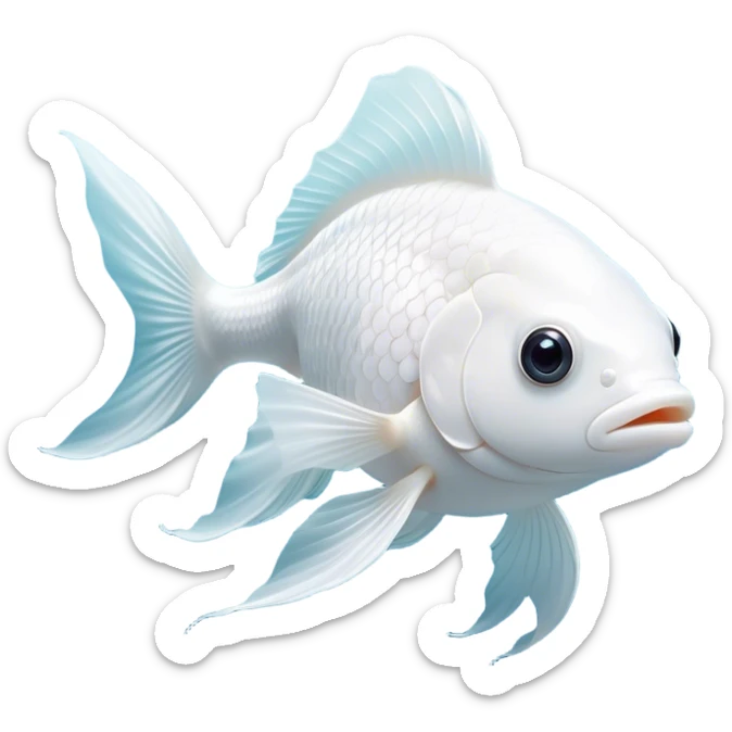 Cinematic Noble White Goldfish Portrait Emoji, Poised and regal, with a sleek, streamlined build and a luminous, pure white body, deep-set soulful pale eyes, Simplified yet sharp and sophisticated features, highly detailed, glowing with a soft, dignified glow, high shine, intelligent and graceful, stylized with an air of aquatic purity, focused and attentive, soft glowing outline, capturing the essence of a watchful and confident aquatic companion, so majestic it feels as though it could glide out of the screen with effortless authority! sticker
