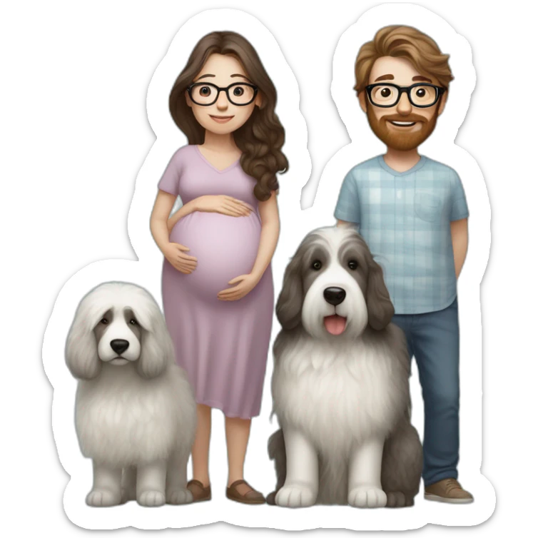 Hyperrealist pregnant girl with half long brown hair with glasses, a boy with long beard, glasses and short hair and english sheepdog sticker
