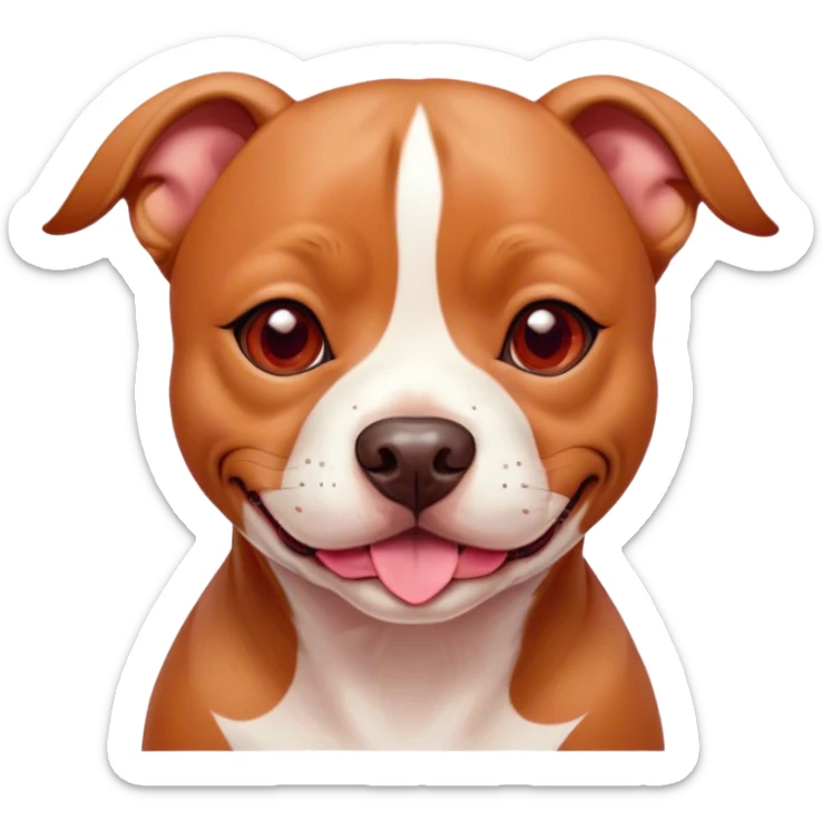 Cinematic Cute Red/Fawn Staffordshire Bull Terrier Portrait Emoji, Head tilted playfully and inquisitively, featuring a glossy red/fawn Fur with a vibrant sheen and delicate white accents, round, sparkling dark eyes filled with curiosity, Simplified yet irresistibly adorable features, highly detailed, glowing with a warm, friendly glow, high shine, affectionate and spirited, stylized with a touch of whimsy, bright and endearing, soft glowing outline, capturing the essence of a mischievous yet loving pup, so playful it feels like it could bound out of the screen and into your arms! sticker