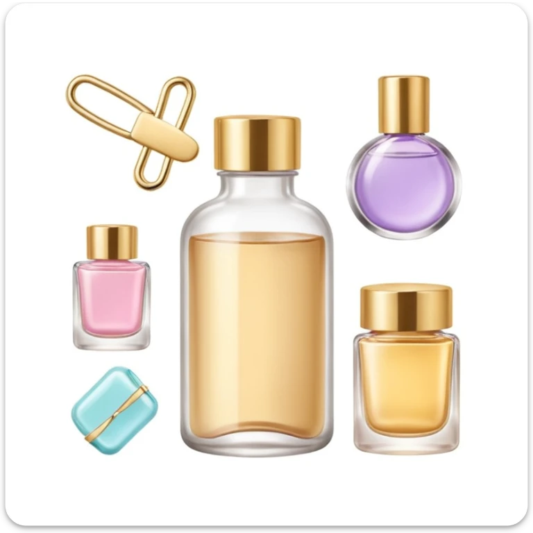clean girl aesthetic emoji, skincare bottle, hair clip, gold jewelry arranged neatly, soft pastel background sticker
