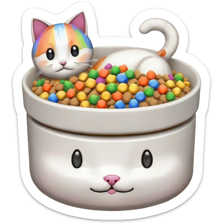 in the style of pixel art, make a cat pet food bowl for a cat. In the bowl is white cat food which is piled so high on top of the bowl. There are small pieces of rainbow food in the bowl too. there is only food in the bowl sticker