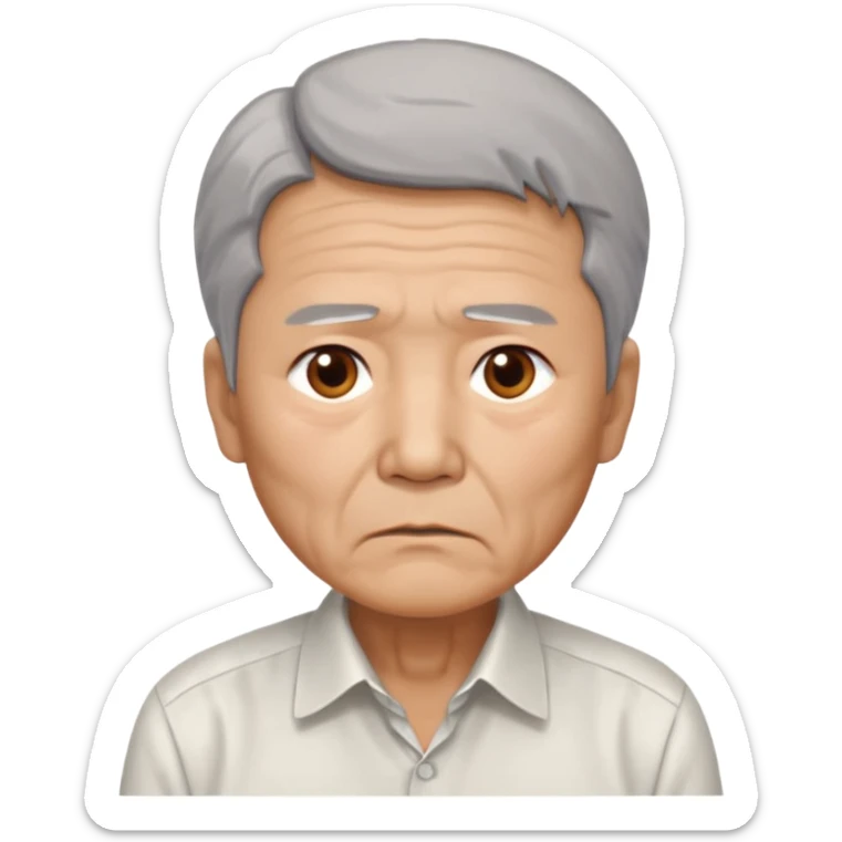 Chinese man 66 years old, worried tired expression, receding gray hair, brown eyes, rumpled formal shirt sticker