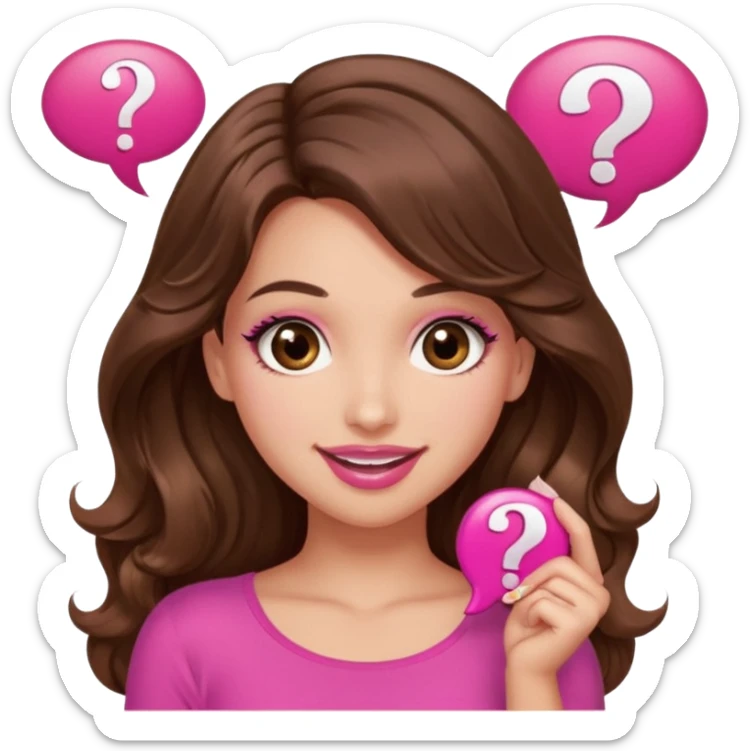girl with long wavy brown hair, brown eyes, long lashes makeup, sexy pink lips, light to medium complexion, wearing a pink sexy top, shugging, question mark one speech bubble sticker