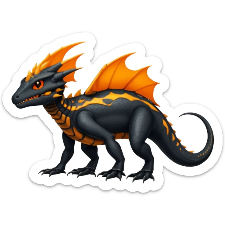 Magmatic fiery badass cool obsidian-Black and golden-orange Helioptile-Amaura-Salandit-Fakémon-hybrid-creature (full body)  sticker