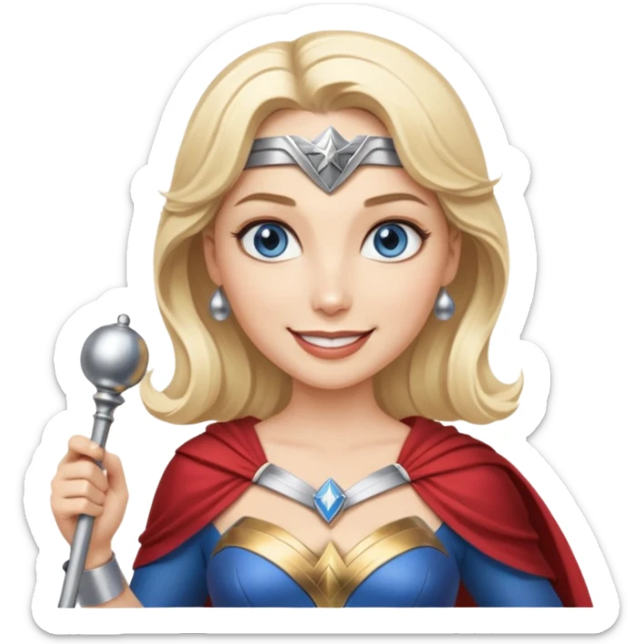 Blonde blue eyes Wonder Woman holding bell and short white orchestra conductor’s baton  sticker