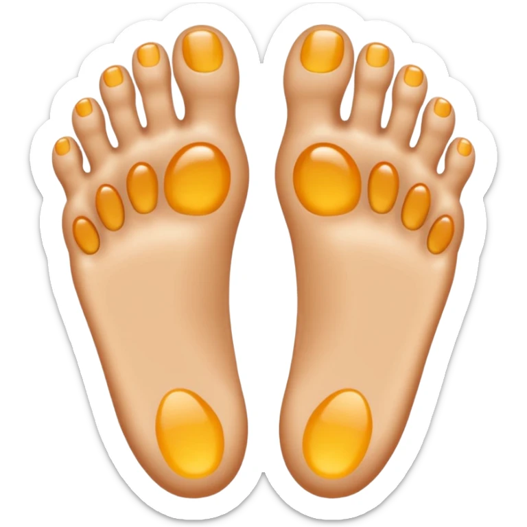two feet, soles showing, five toes on each foot, shiny, perfectly orthopedic shape, emoji style, natural skin color, no yellow gel sticker