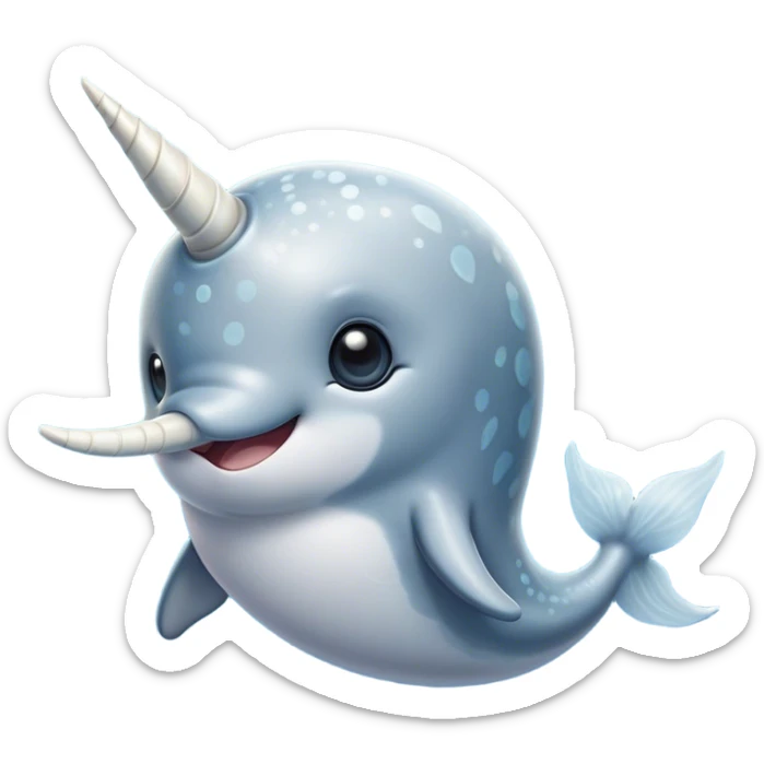 Cinematic Noble Cute Narwhal Portrait Emoji, Poised and graceful, with a streamlined, gently curved body clad in mottled, silvery-gray skin, accented by a long, spiraled ivory tusk and wide, expressive eyes radiating playful intelligence, Simplified yet sharp and sophisticated features, highly detailed, glowing with a cool, frosted ocean glow, high shine, intelligent and enigmatic, stylized with an air of whimsical marine majesty, focused and graceful, soft glowing outline, capturing the essence of a watchful and confident cute narwhal that appears ready to glide out of the screen with effortless charm! sticker