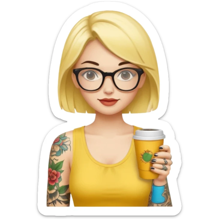 gözlük takan, dövmeli ve elinde kahve tutan, yaz kıyafetli bir kadın. kıyafeti sarı olsun sticker