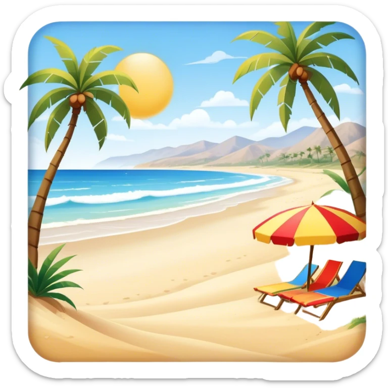 Cinematic Realistic Beach Emoji in a wooden frame, Sunny and bright, with soft golden sand stretching as far as the eye can see, gently lapping waves crashing onto the shore, and a clear, blue sky above. Palm trees sway in the warm breeze, and colorful beach umbrellas dot the landscape. Soft glowing outline, capturing the essence of a relaxed, joyful beach day filled with sun, sand, and surf! sticker