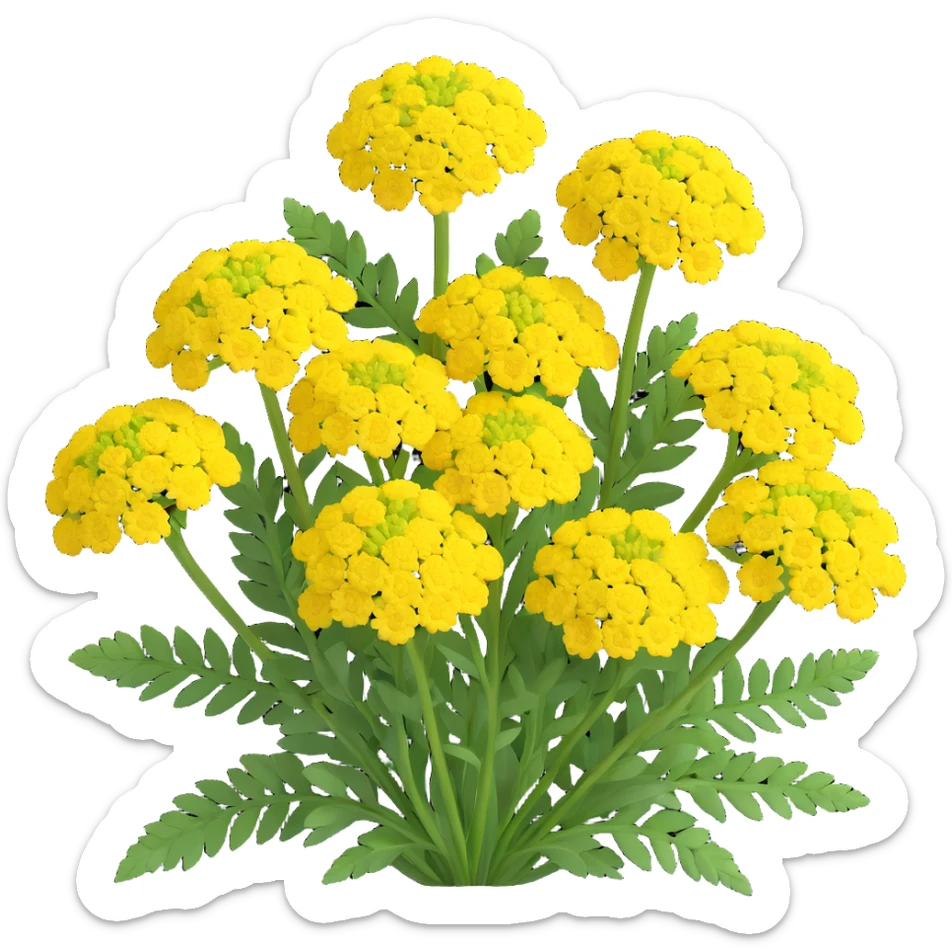 3D iOS style illustration of Achillea millefolium (common yarrow) with very voluminous, realistic yellow flower clusters and feathery green leaves, on a transparent background. sticker