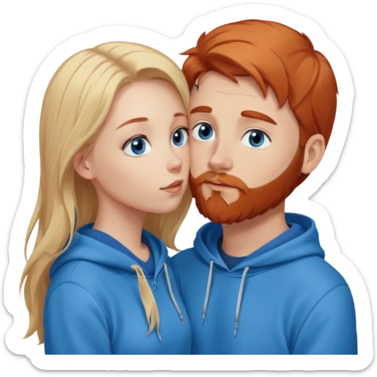 Long-pale-blonde hair, beautiful girl with blue eyes-wearing a light blue hoodie, facing, kissing reddish-brownish hair and beard boy blue eyed white guy in a dark blue hoodie sticker