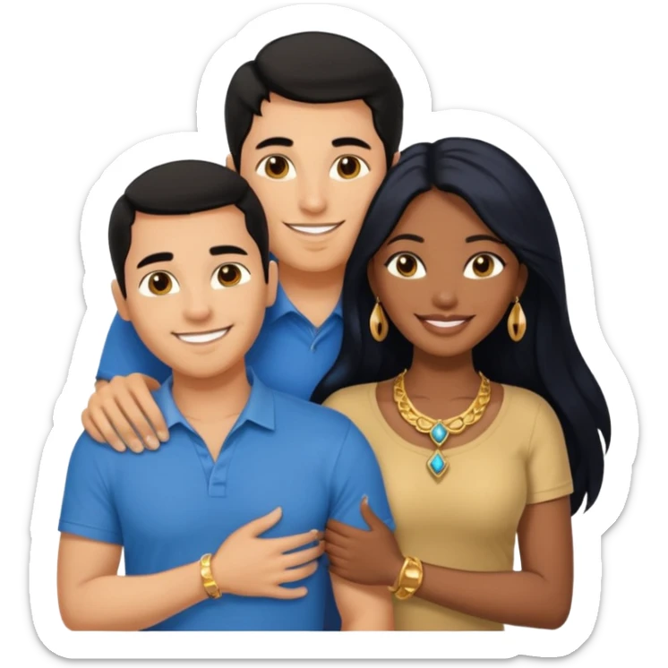 smiling embracing interracial couple from waist up. ebony woman with long hair and jewelry. brazillian man short hair wearing blue. sticker