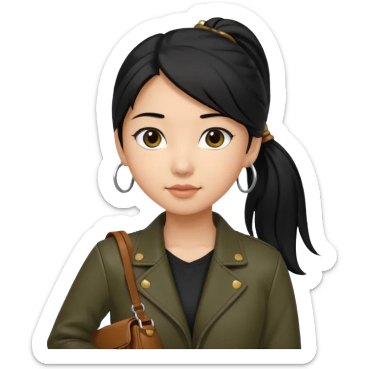 A girl with a pony tail black hair and olive ish skin, Asian eyes, with a black jacket and a brown purse  sticker
