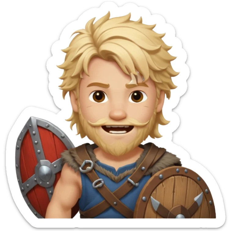 A young Viking warrior with messy blond hair, wooden shield, and fierce excited grin.
 sticker