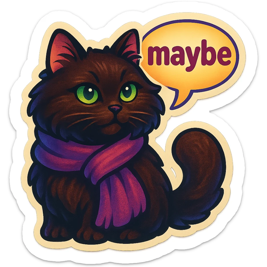 Fluffy dark-brown cat with green eyes and a purple scarf saying ‘maybe’ (with a speech bubble) sticker