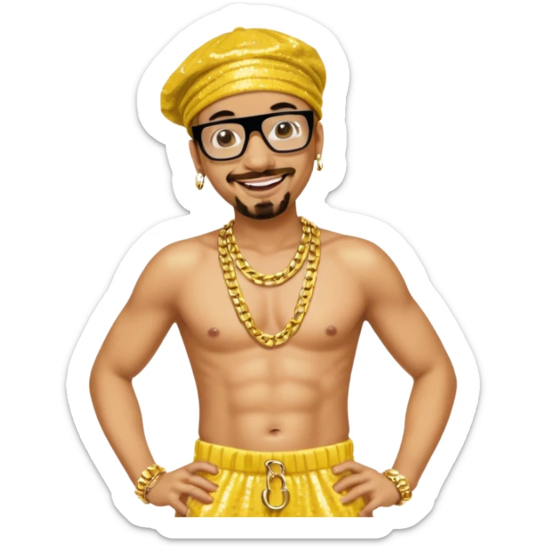 Ali G with yellow sequin baggy pants, shirtless with necklace sticker