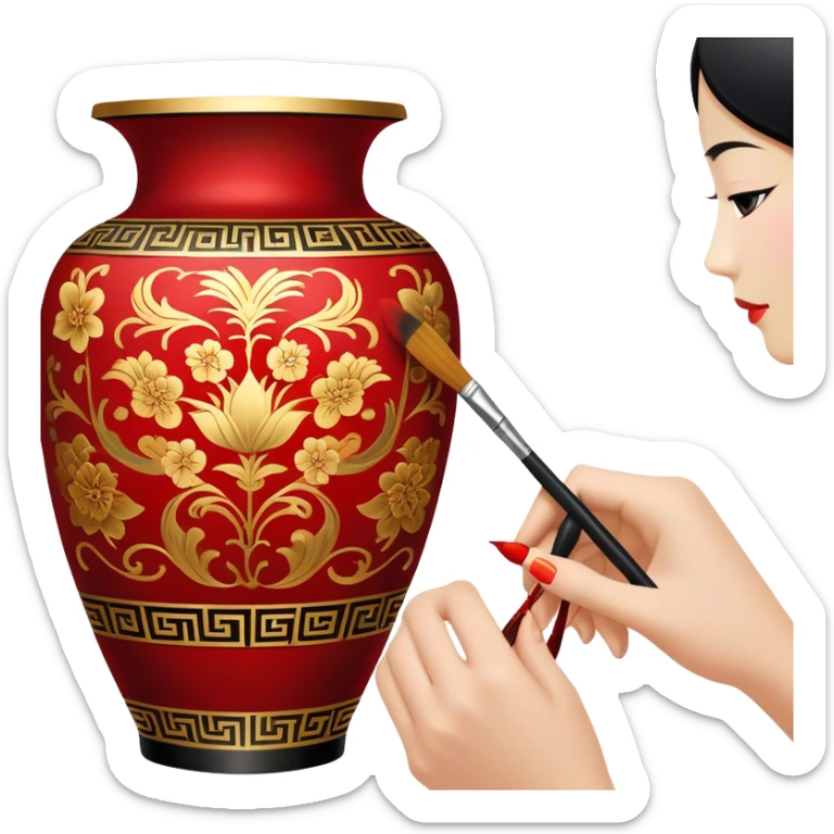 Chinese metal painting icon, process of painting Chinese patterns on a metal vase, visible fine paintbrush in hand, intricate brushstrokes with vibrant red, gold, and black colors, metal surface with detailed designs in progress, minimalistic style, clean lines, transparent background. sticker