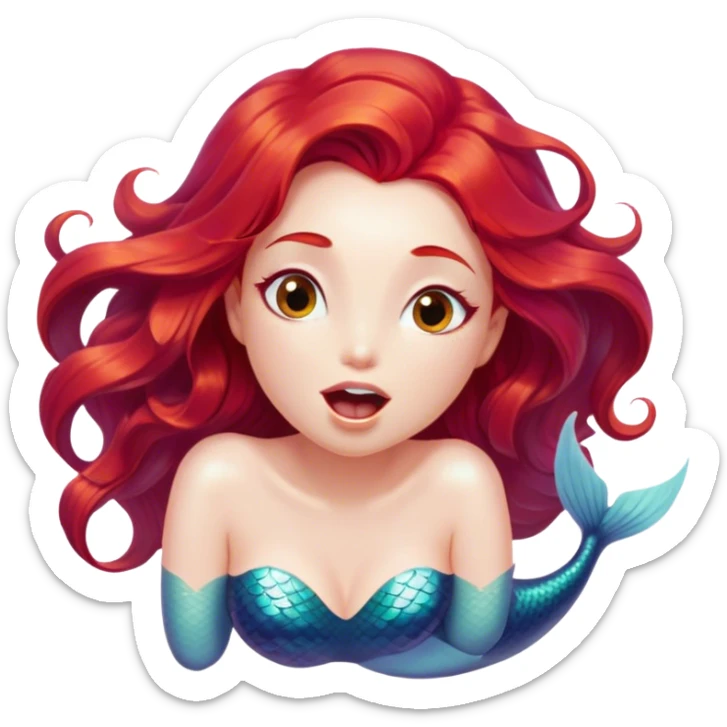 Cinematic Realistic Red Hair Mermaid Portrait, head tilted slightly with a dramatic, wide-open yawn, revealing a tender, relaxed visage with delicately detailed porcelain skin and vibrant, cascading red hair softly billowing around her. Her dreamy eyes exude a serene, aquatic charm, rendered with gentle underwater lighting and high shine—capturing the essence of a drowsy yet mesmerizing mermaid drifting into a tranquil slumber beneath the sea. sticker